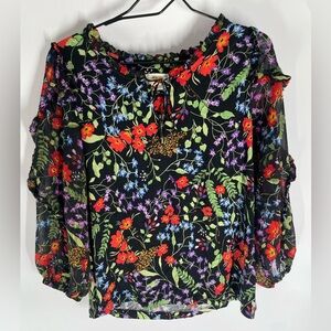 Anthropologie Floral Blouse - Black, Red, Green, Purple